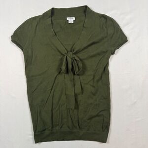 J Crew Short Sleeve Tie Neck Sweater Olive Green XXS 100% Cotton